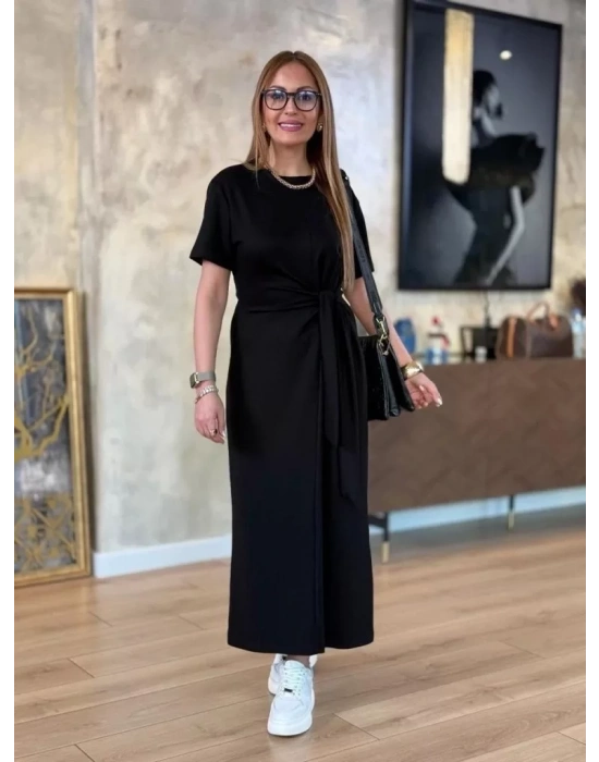 Kadın Kısa Kollu Bisiklet Yaka Yandan Bağlamalı Viskon Iki Iplik Elbise