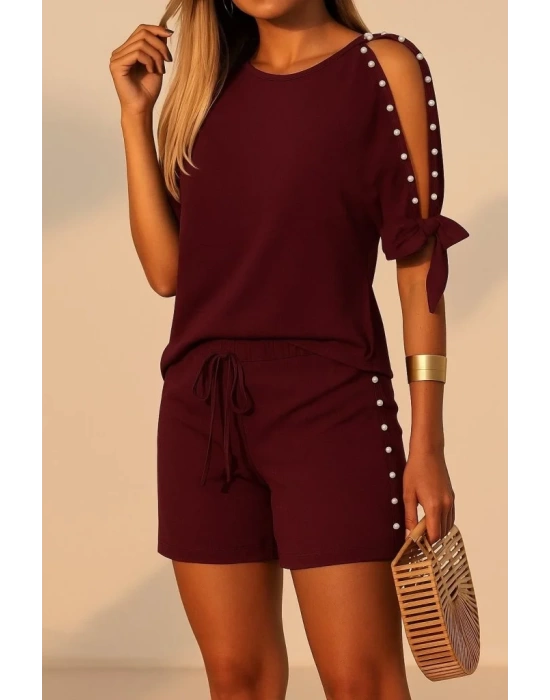 Kadın Kısa Kollu Bisiklet Yaka Yarı Açık Omuz Inci Detaylı Short T-shirt Viskon Ikili Takım
