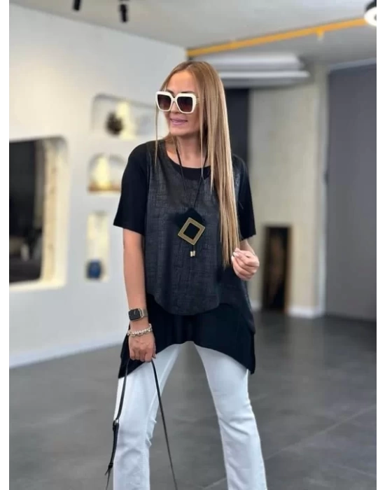 Kadın Kısa Kollu Bisiklet Yaka Yelek Bluz Asimetrik Kesim İkili Takım
