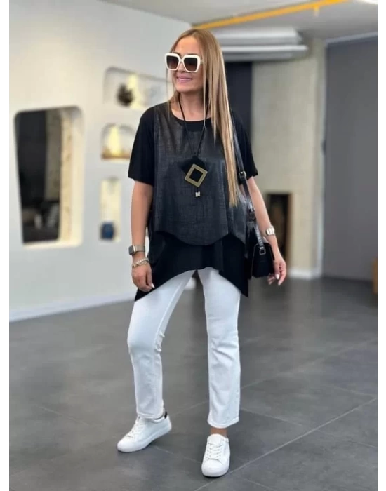 Kadın Kısa Kollu Bisiklet Yaka Yelek Bluz Asimetrik Kesim İkili Takım
