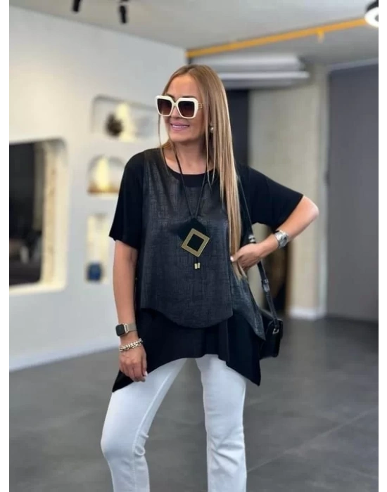 Kadın Kısa Kollu Bisiklet Yaka Yelek Bluz Asimetrik Kesim İkili Takım