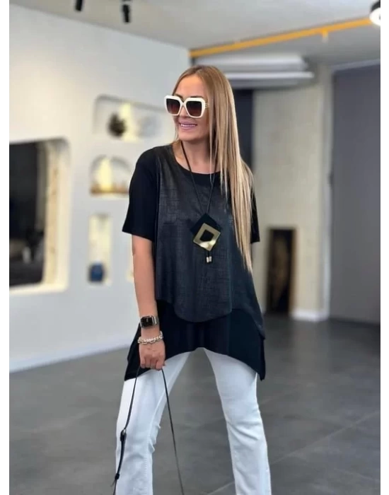 Kadın Kısa Kollu Bisiklet Yaka Yelek Bluz Asimetrik Kesim İkili Takım