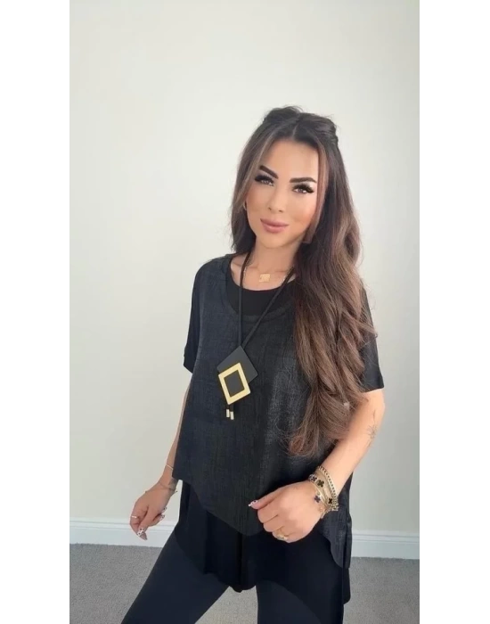 Kadın Kısa Kollu Bisiklet Yaka Yelek Bluz Asimetrik Kesim İkili Takım