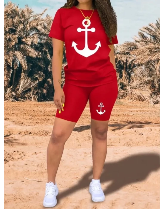 Kadın Kısa Kollu çapa Baskılı Viskon Ikili Takım