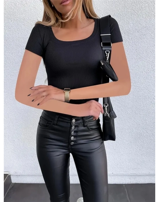 Kadın Kısa Kollu Kare Yaka Basic Kaşkorse Bluz