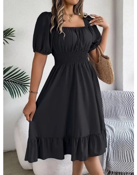 Kadın Kısa Kollu Kare Yakalı Beli Lastikli Kısa Trikoton Elbise