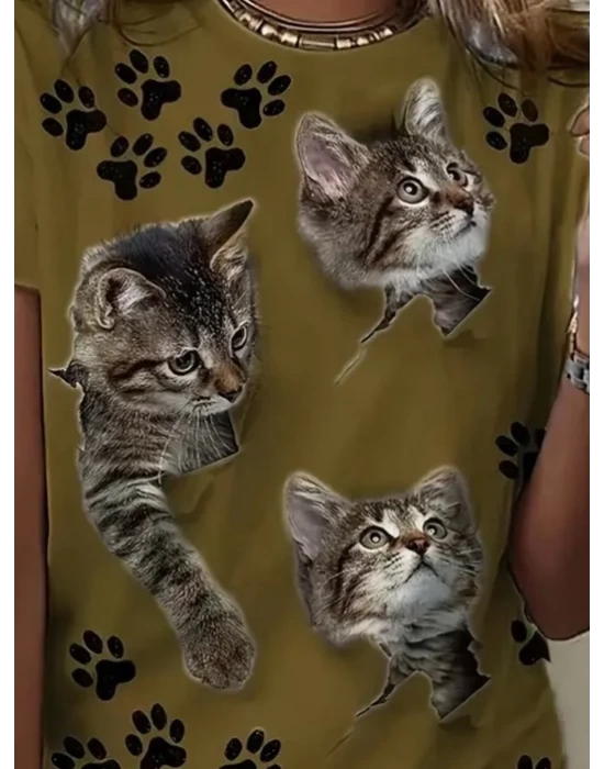 Kadın Kısa Kollu Kedi Ve Pati Baskılı Süprem T-shirt
