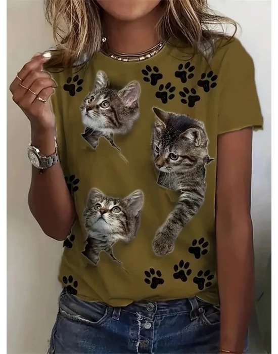 Kadın Kısa Kollu Kedi Ve Pati Baskılı Süprem T-shirt
