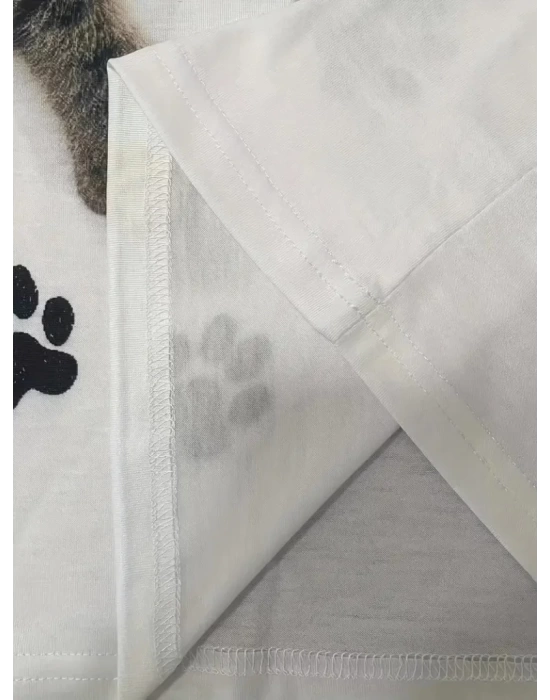 Kadın Kısa Kollu Kedi Ve Pati Baskılı Süprem T-shirt