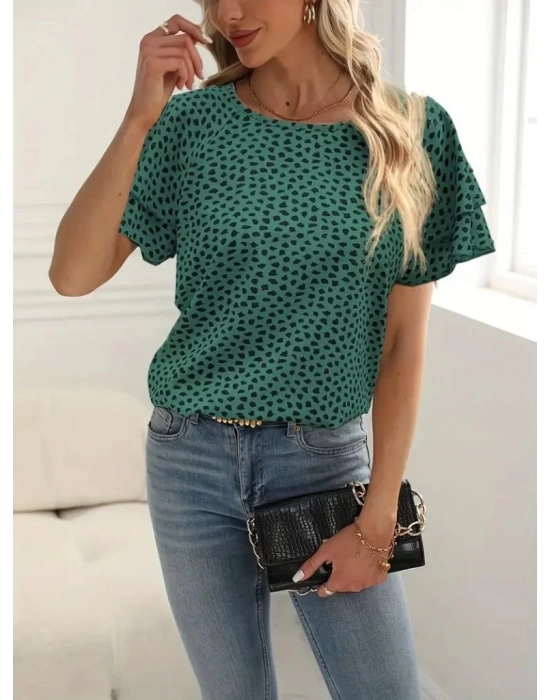 Kadın Kısa Kollu Kolları Volanlı Baskılı Süprem Bluz