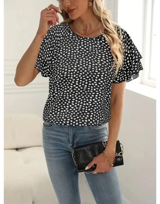 Kadın Kısa Kollu Kolları Volanlı Baskılı Süprem Bluz