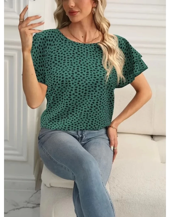 Kadın Kısa Kollu Kolları Volanlı Baskılı Süprem Bluz