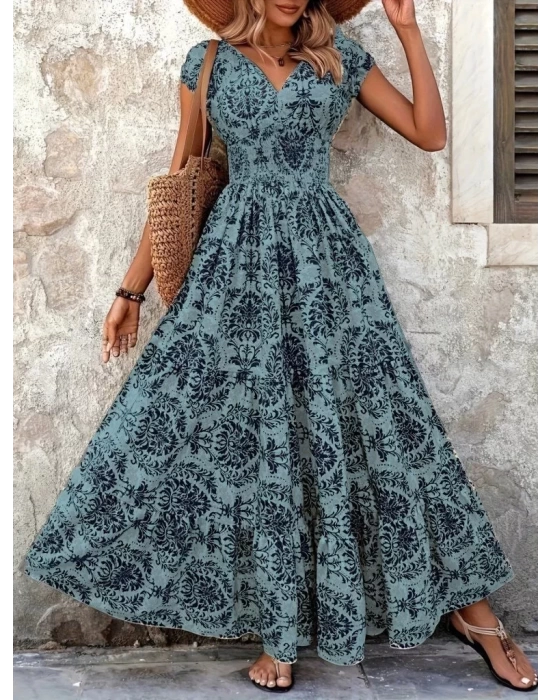 Kadın Kısa Kollu Kruvaze Yaka Beli Lastikli Süprem Maksi Boy Elbise