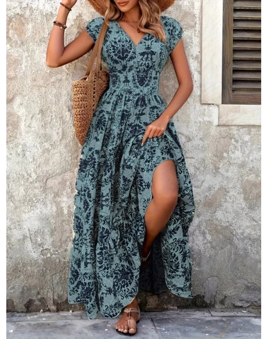 Kadın Kısa Kollu Kruvaze Yaka Beli Lastikli Süprem Maksi Boy Elbise
