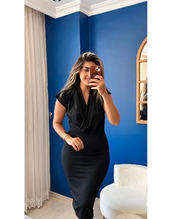 bysoca Kadın Kruvaze Yaka Renk Bloklu Vücudu Saran Kalem Etek Şık Midi Ofis Elbisesi - Siyah