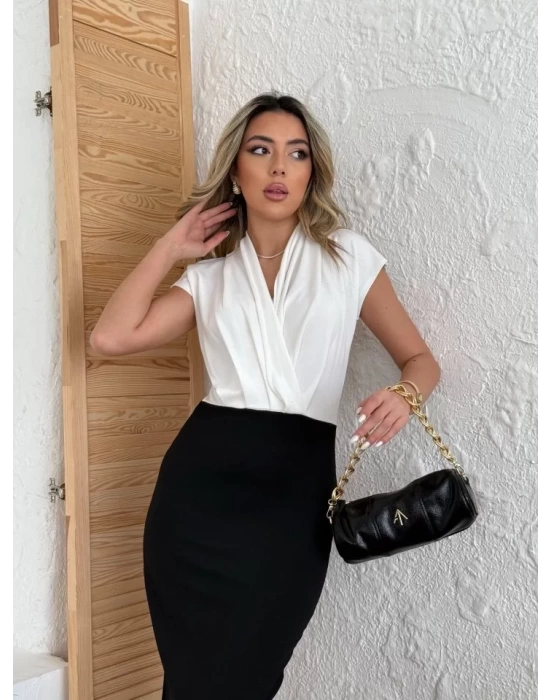 bysoca Kadın Kruvaze Yaka Renk Bloklu Vücudu Saran Kalem Etek Şık Midi Ofis Elbisesi - Beyaz
