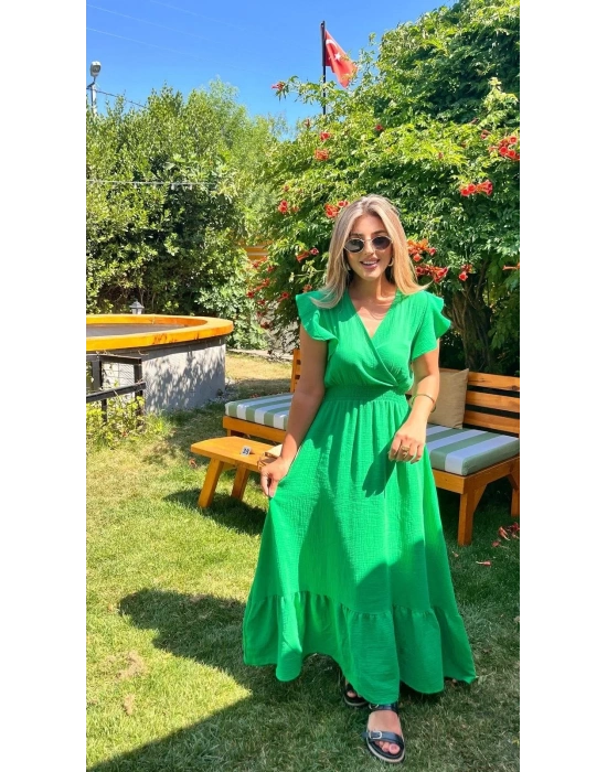 Kadın Kısa Kollu Kruvaze Yakalı Beli Lastikli Müslim Elbise