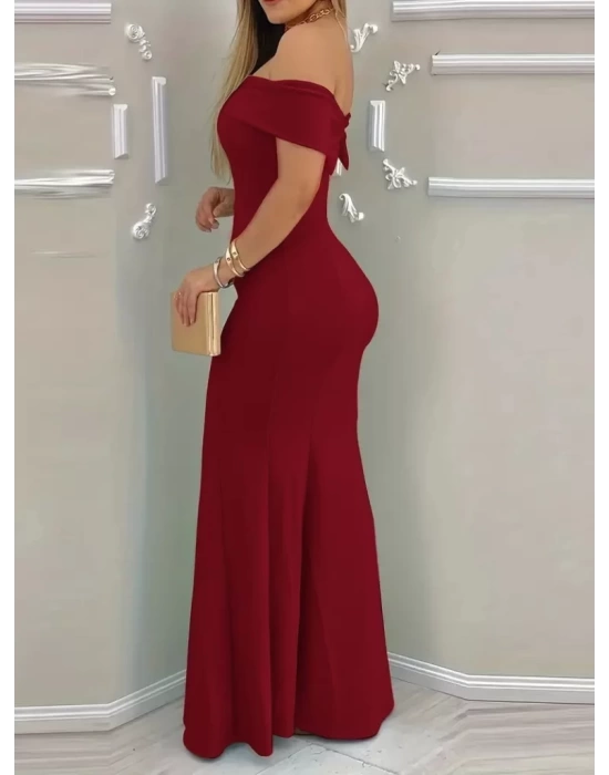 Kadın Kısa Kollu Madonna Yaka Belden Oturtmalı Uzun Ithal Krep Elbise