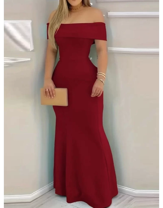 Kadın Kısa Kollu Madonna Yaka Belden Oturtmalı Uzun Ithal Krep Elbise