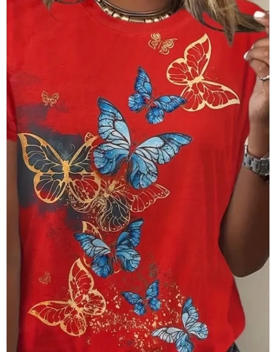 Kadın Kısa Kollu Mavi Sarı Kelebek Baskı Süprem Bluz