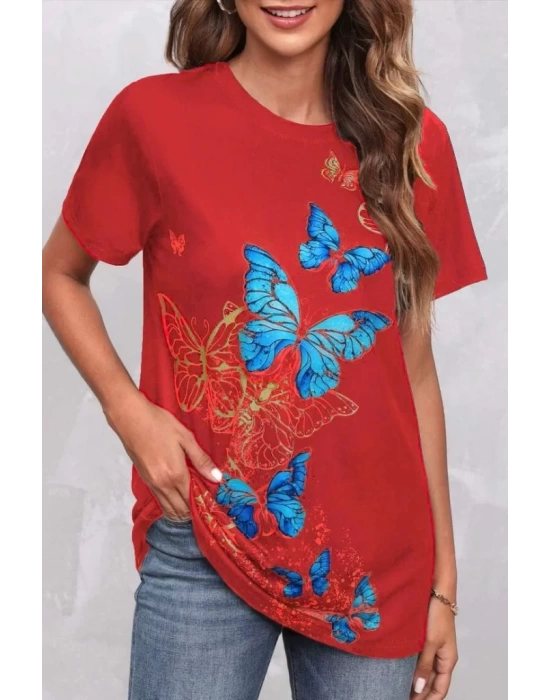 Kadın Kısa Kollu Mavi Sarı Kelebek Baskı Süprem Bluz