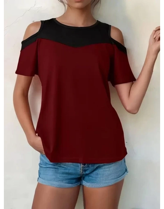 Kadın Kısa Kollu Omuzlardan Açık Detaylı çift Renkli Viskon Bluz