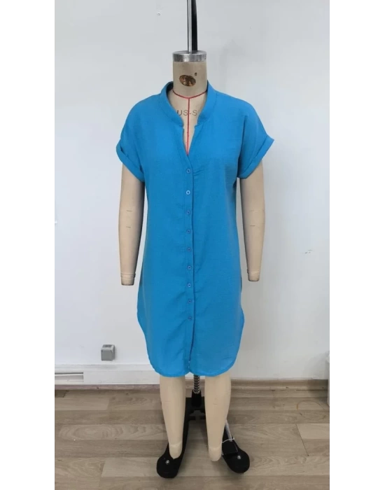 Kadın Kısa Kollu önden Düğmeli Ithal Keten Elbise