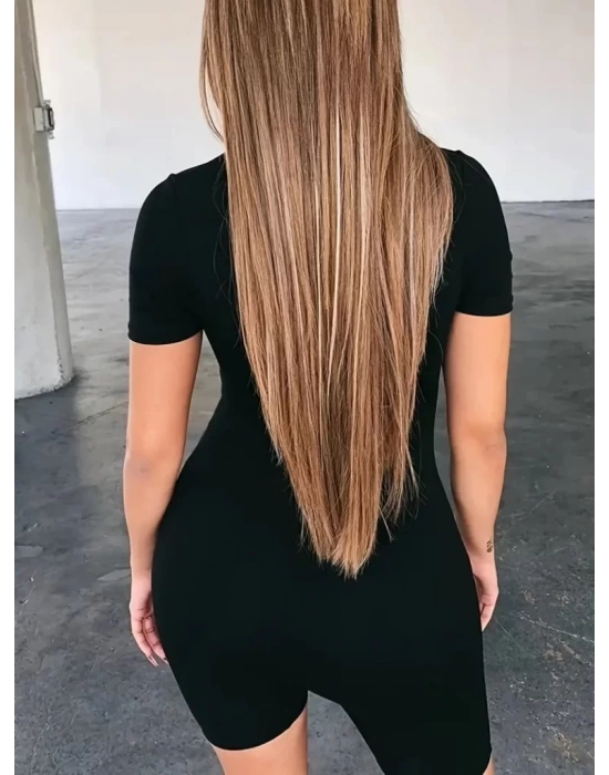 Kadın Kısa Kollu önü Fermuarlı Bodycon Dalgıç Tulum