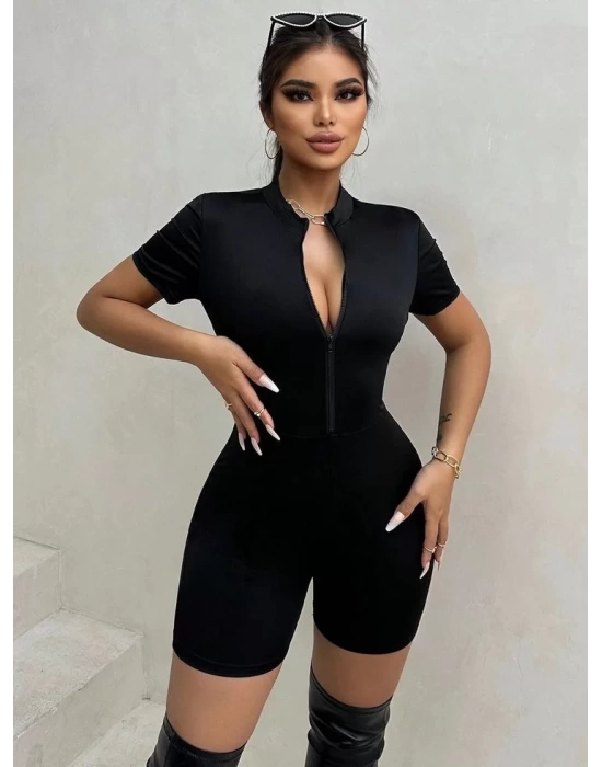 Kadın Kısa Kollu önü Fermuarlı Bodycon Dalgıç Tulum