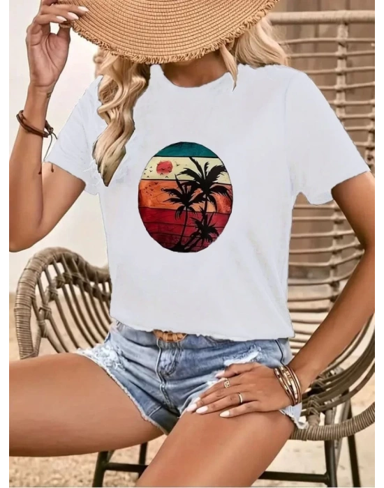 Kadın Kısa Kollu Palmiye Baskılı Viskon T-shirt