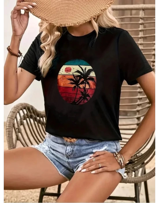 Kadın Kısa Kollu Palmiye Baskılı Viskon T-shirt