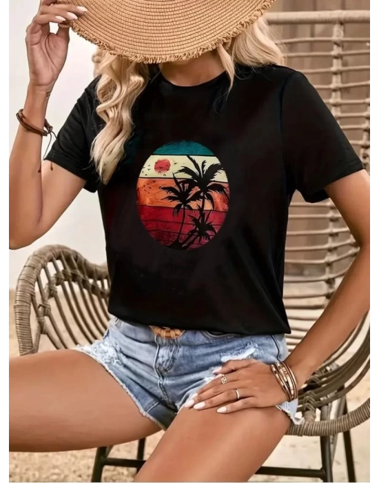 Kadın Kısa Kollu Palmiye Baskılı Viskon T-shirt