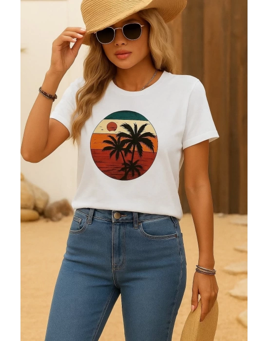 Kadın Kısa Kollu Palmiye Baskılı Viskon T-shirt