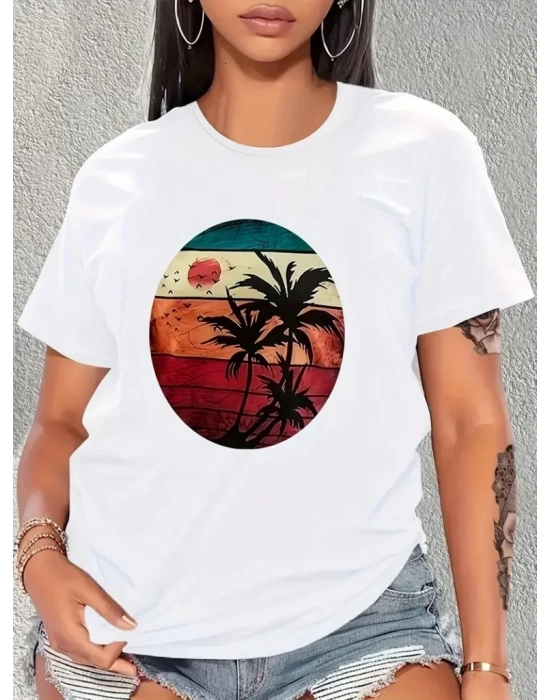 Kadın Kısa Kollu Palmiye Baskılı Viskon T-shirt
