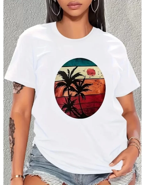 Kadın Kısa Kollu Palmiye Baskılı Viskon T-shirt