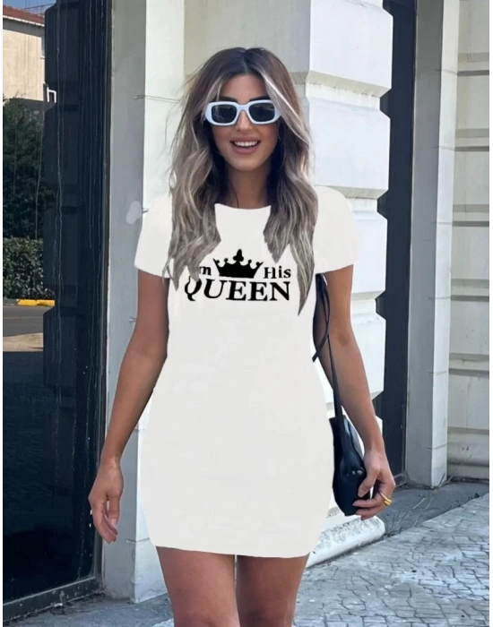 Kadın Kısa Kollu Queen Baskı Iki Iplik Mini Elbise