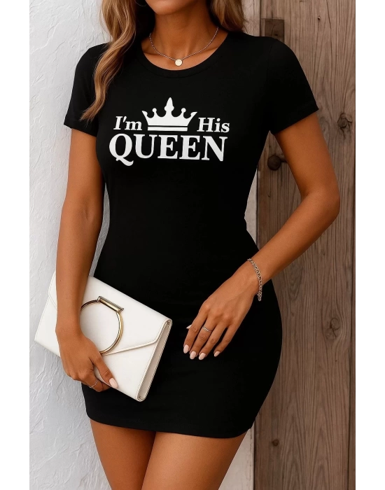 Kadın Kısa Kollu Queen Baskı Iki Iplik Mini Elbise