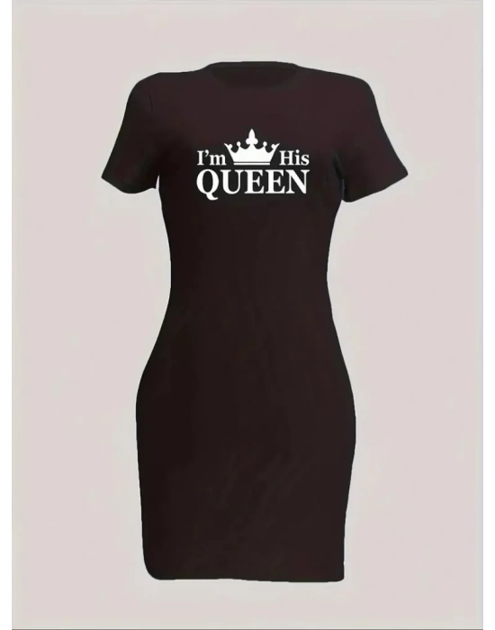 Kadın Kısa Kollu Queen Baskı Iki Iplik Mini Elbise