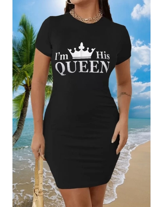 Kadın Kısa Kollu Queen Baskı Iki Iplik Mini Elbise