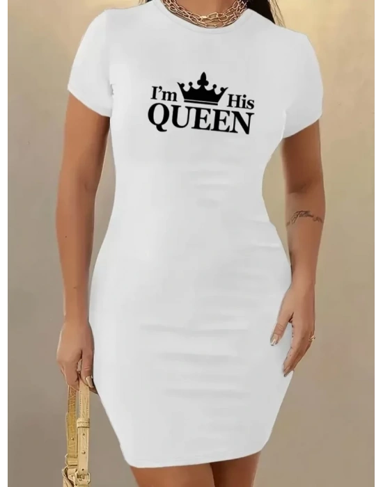 Kadın Kısa Kollu Queen Baskı Iki Iplik Mini Elbise