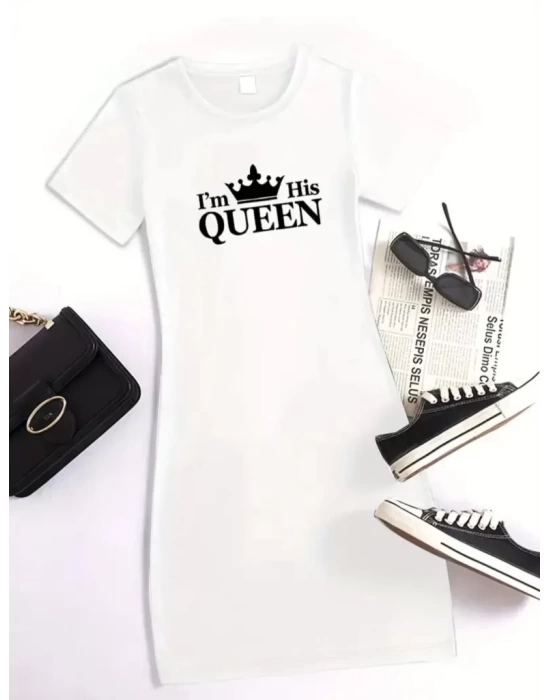 Kadın Kısa Kollu Queen Baskı Iki Iplik Mini Elbise