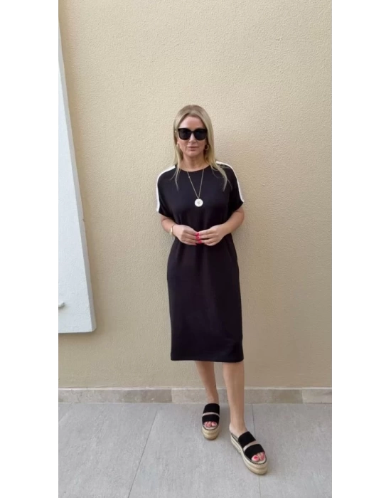 bysoca Kadın Günlük Uzun Kollu Bisiklet Yaka üst Viskon Alt Ekose Kısa Elbise - Siyah