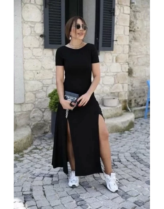 Kadın Kısa Kollu Sırt Dekolte Detay önü çift Yırtmaçlı Viskon Elbise