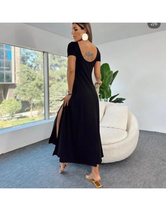 Kadın Kısa Kollu Sırt Dekolteli Yırtmaçlı Pegasus Kumaş Elbise