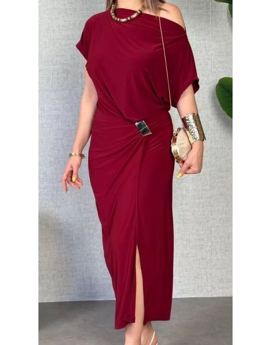 Kadın Kısa Kollu Tek Omuzdan Açık Beli Lastikli Sandy Maxi Elbise