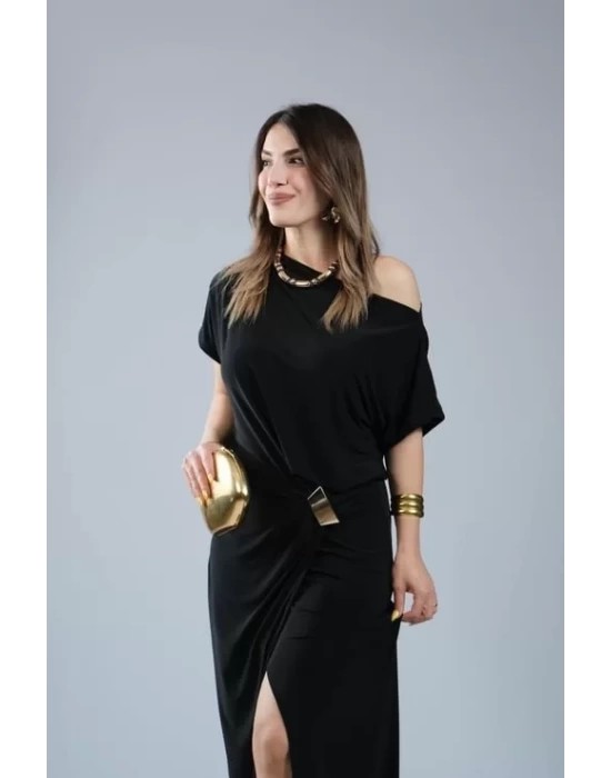 Kadın Kısa Kollu Tek Omuzdan Açık Beli Lastikli Sandy Maxi Elbise