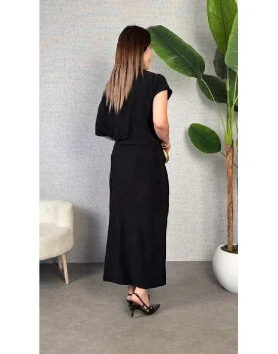 Kadın Kısa Kollu Tek Omuzdan Açık Beli Lastikli Sandy Maxi Elbise