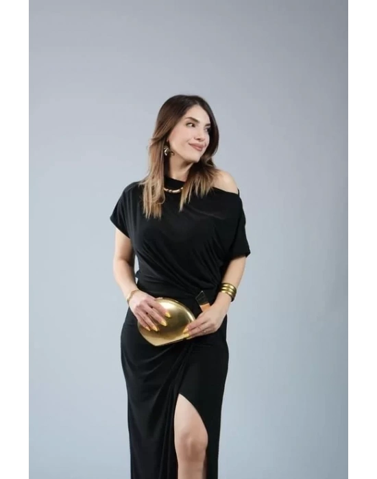 Kadın Kısa Kollu Tek Omuzdan Açık Beli Lastikli Sandy Maxi Elbise