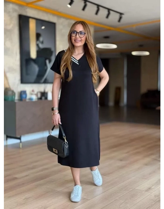 Kadın Kısa Kollu V Ribana Yakalı Yırtmaçlı Midi Viskon Iki Iplik Elbise