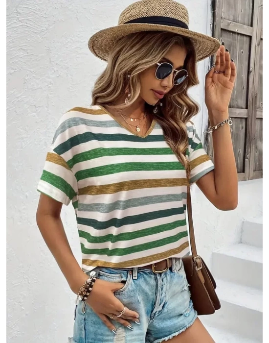 Kadın Kısa Kollu V Yaka çizgili Süprem T-shirt